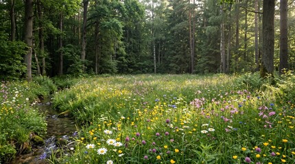 Fototapeta premium Wildflower meadow blooms along the edge of a quiet forest stream under the soft light of a summer day.