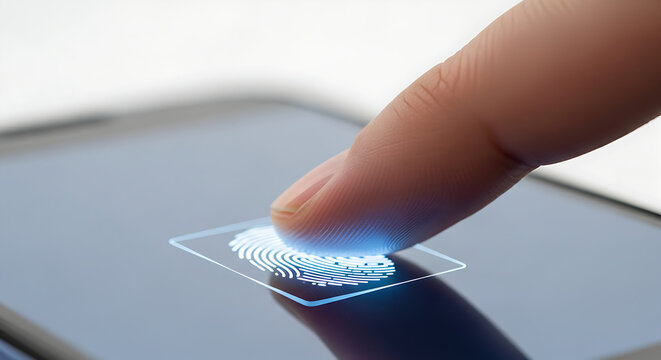 Close up of a human finger touching a digital smartphone screen to access biometric security authentication with a glowing fingerprint sensor scan