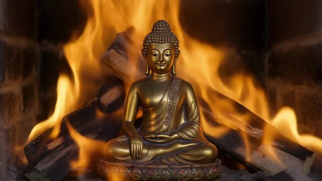 ancient warrior statue engulfed in flames sequence