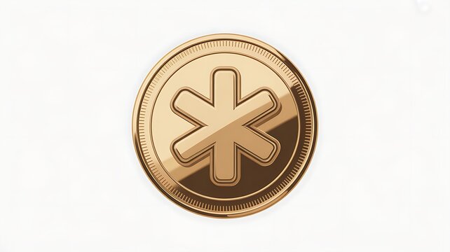 Asterisk icon with gold metallic 3D coin badge for asterisk star symbol wildcard footnote required notation character mark reference on transparent background