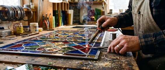 Obraz premium Stained glass artisan uses soldering iron on colorful glass panel design inside traditional workshop filled with craft tools and supplies