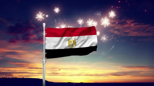 Egyptian flag waving proudly during a vibrant fireworks display animation video