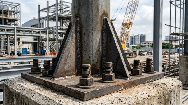 Close-up of a large steel column base bolted to a concrete foundation at a construction site.