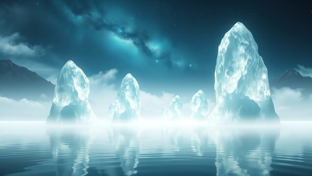 Fantasy Landscape with Glowing Moonstone Monoliths and Misty Lake under Nebula Night Sky