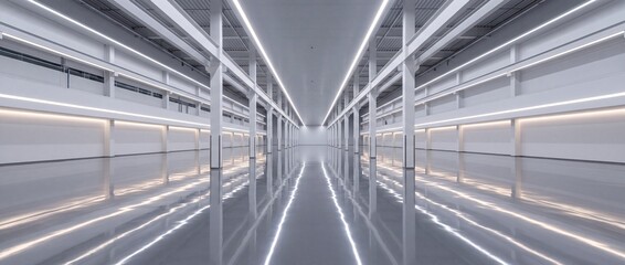 Obraz premium A long minimalist futuristic hallway with glowing bright white neon lights on the ceiling and walls creating reflections on polished floor