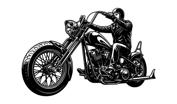 Custom Chopper Motorcycle Rider Low Angle Front Monochrome Vector Illustration