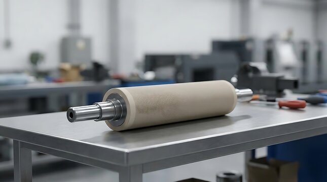 Anilox roller cylinder with a textured surface for flexographic printing processes resting on a professional metal workshop table in a manufacturing facility