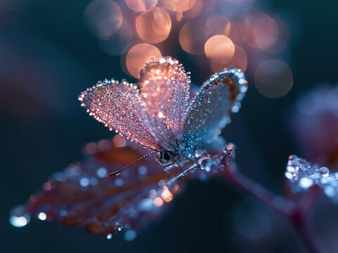 Macro photograph of a dew-covered butterfly resting on a leaf, delicate wings shimmering with water droplets, sparkling in early morning sunlight, ultra detailed, shallow depth of field, natural bokeh