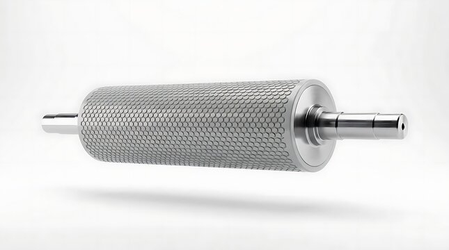 A high precision industrial anilox roller with a hexagonal pattern used for ink transfer in flexographic printing processes isolated on white background