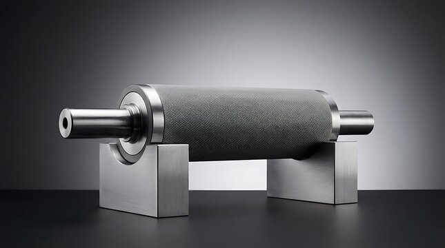 Industrial anilox roller with precision engraving pattern placed on metal support blocks for professional printing press maintenance and industrial quality