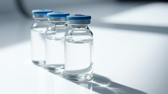 Three Vials of Clear Liquid in a Row with Blue Caps on a White Surface and Strong Shadow