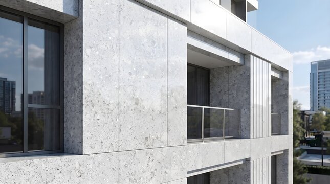 A close-up view of a modern apartment facade featuring textured stone cladding, glass balconies and large windows, highlighting minimalist architectural detail and natural light.