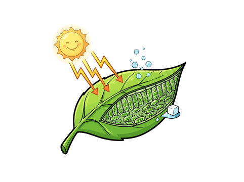 Green Leaf with Sunlight and Water Drops Nature Illustration