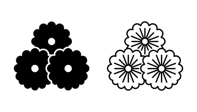 Set of two japanese style triple chrysanthemum flower crests in solid black and outline graphic styles