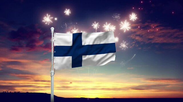 Finnish flag waving proudly in motion with fireworks animation