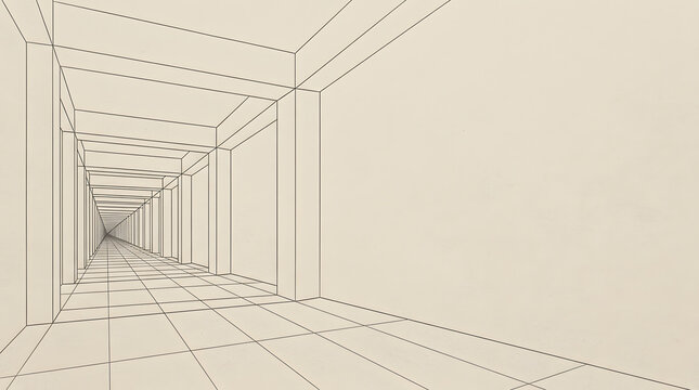 One point perspective drawing of a long empty hallway.