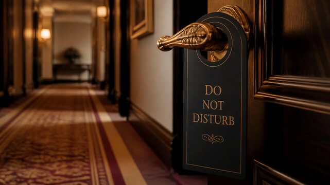 A black "Do Not Disturb" sign hangs on the ornate golden handle of a dark wooden hotel room door, overlooking a softly lit hallway.
