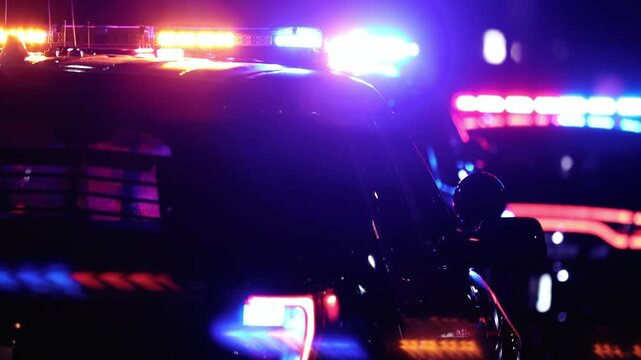 Multiple police vehicles with flashing blue and red emergency lights illuminating a dark night scene with motion.