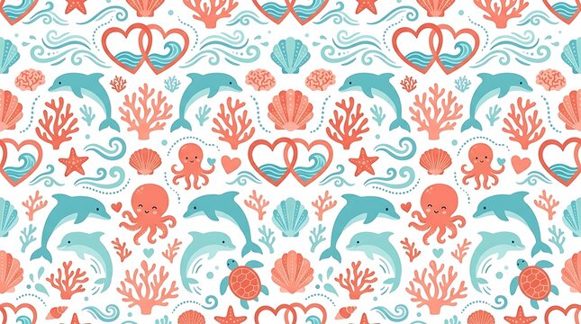 Nautical seamless pattern with cute sea animals and coral reef