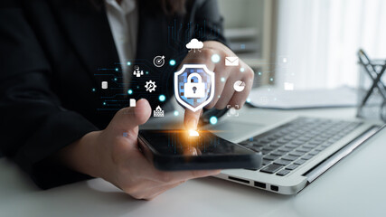 Fototapeta premium Person Using Smartphone to Access Digital Security Features with Modern Technology and Cybersecurity Icons in a Professional Setting Quark.