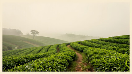 Obraz premium Misty Tea Plantation: Rolling hills of vibrant green tea bushes create a serene landscape, shrouded in a gentle morning mist, with a lone tree standing as a sentinel in the distance.