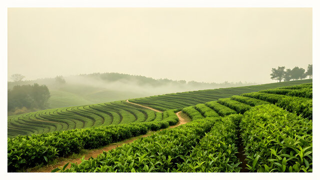 Rolling Tea Plantation in Fog: Serene rows of vibrant green tea bushes stretch across rolling hills, shrouded in a mystical morning fog, creating a breathtaking agricultural landscape.