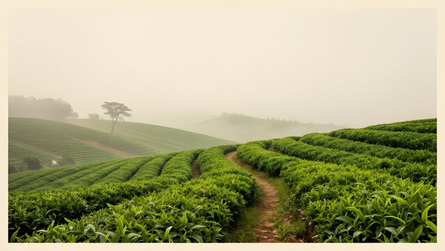 Misty Tea Plantation: Rolling hills of vibrant green tea bushes create a serene landscape, shrouded in a gentle morning mist, with a lone tree standing as a sentinel in the distance.