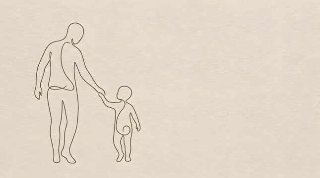 Minimalist parent and child holding hands line art illustration.