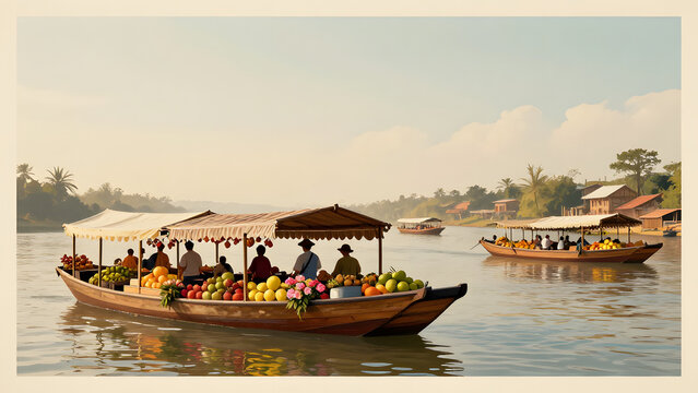 River Market Scene: A vibrant longboat laden with fresh fruits and vegetables navigates a calm river, with people aboard and other boats in the distance, under a clear sky.