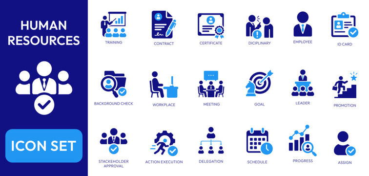 Set of human resources solid icon. Employee, training, leader, goal, promotion, meeting, etc.	
