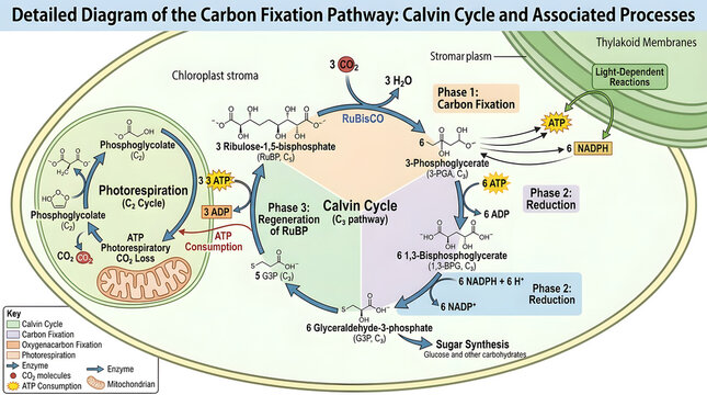 Detailed diagram explaining Calvin cycle photosynthesis carbon fixation and photorespiration.