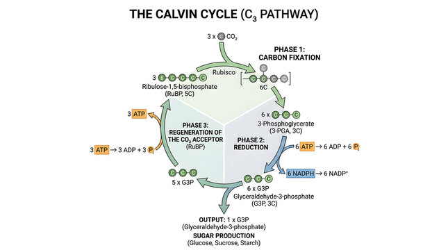 Calvin cycle C3 pathway diagram showing carbon fixation reduction and regeneration phases.