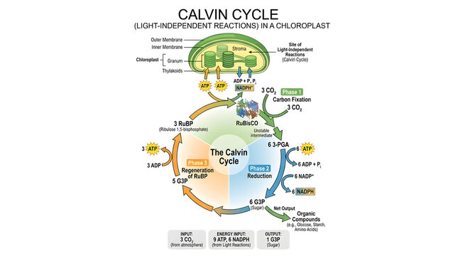Calvin cycle diagram showing three phases of carbon fixation reduction and regeneration in chloroplast.