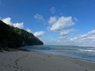 Fototapeta premium Tropical Sandy Beach with Lush Green Cliff and Blue Sky