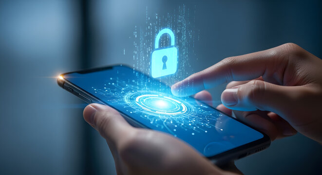 Hands holding smartphone with glowing padlock icon, representing data protection and cyber security.