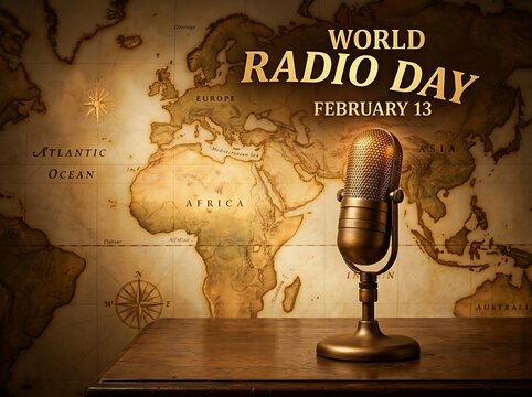Vintage microphone on old world map celebrating global radio day with warm lighting effect