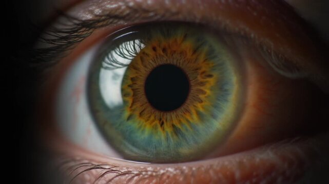 Extreme macro footage of a single healthy human hazel iris with natural brown and green pigmentation for world sight day