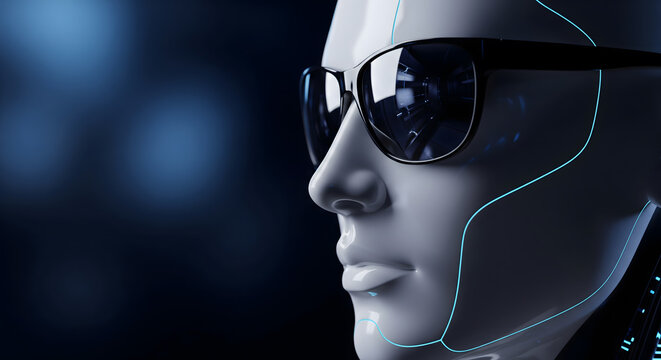 Close up portrait of a futuristic android wearing sunglasses with glowing lines on its synthetic face.