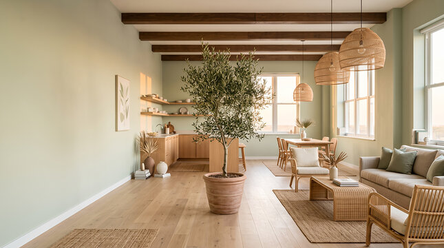 Open plan living space with sage walls and olive tree