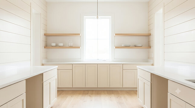 Bright butler's pantry with floating shelves and cream cabinetry