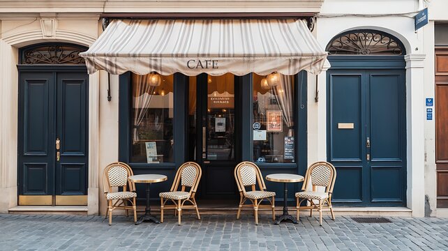 European cafe storefront with striped awning and outdoor seating. Two rattan chairs and tables sit on cobblestone sidewalk. Building facade features classic architecture and dark blue doors. 