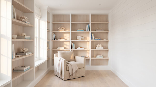 Serene coastal reading nook with built-in bookshelves and cozy armchair