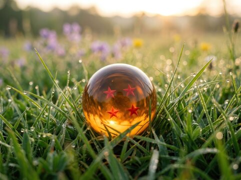 Dragon Ball Sphere Resting in Dewy Green Grass at Sunrise.