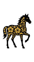 Fototapeta premium Elegant black horse silhouette with intricate golden floral patterns, a stylized design perfect for Chinese New Year, zodiac, or decorative graphic projects.