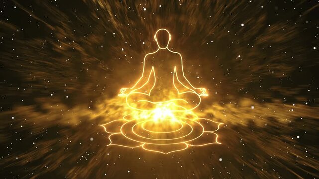 Glowing spiritual figure meditates in lotus position against a golden cosmic energy vortex background footage