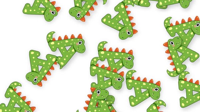 Green Dinosaur Letter A Objects Falling on White Background