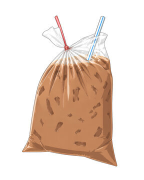 Plastic Bag of Iced Chocolate Milk Drink With Straw (Air Coklat Susu Ice dalam Plastik Bag)