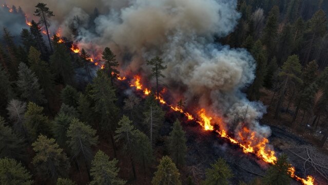 Forest Fire Spreading Through Dense Woodland with Smoke and Flames