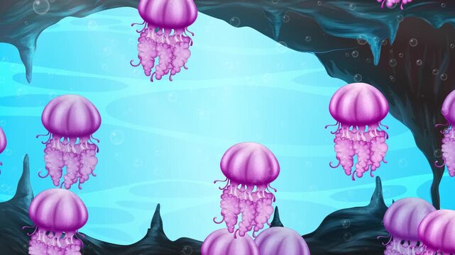 Animated Pink Jellyfish Floating Through Deep Blue Underwater Cave