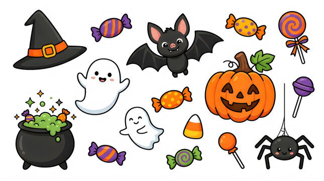 Charming halloween collection featuring witch hat pumpkin bat spider candy and cauldron isolated on transparent background